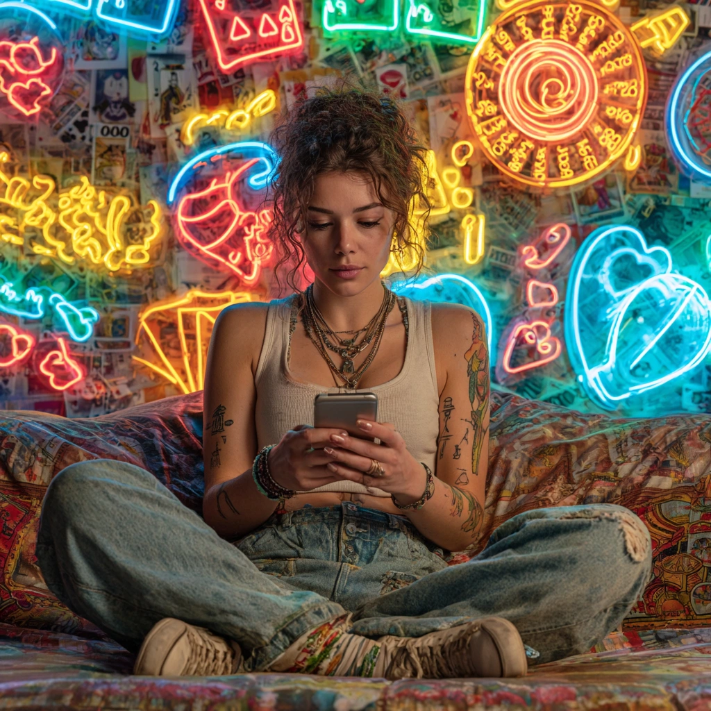 Young woman using the 5Z777 casino app on her phone.