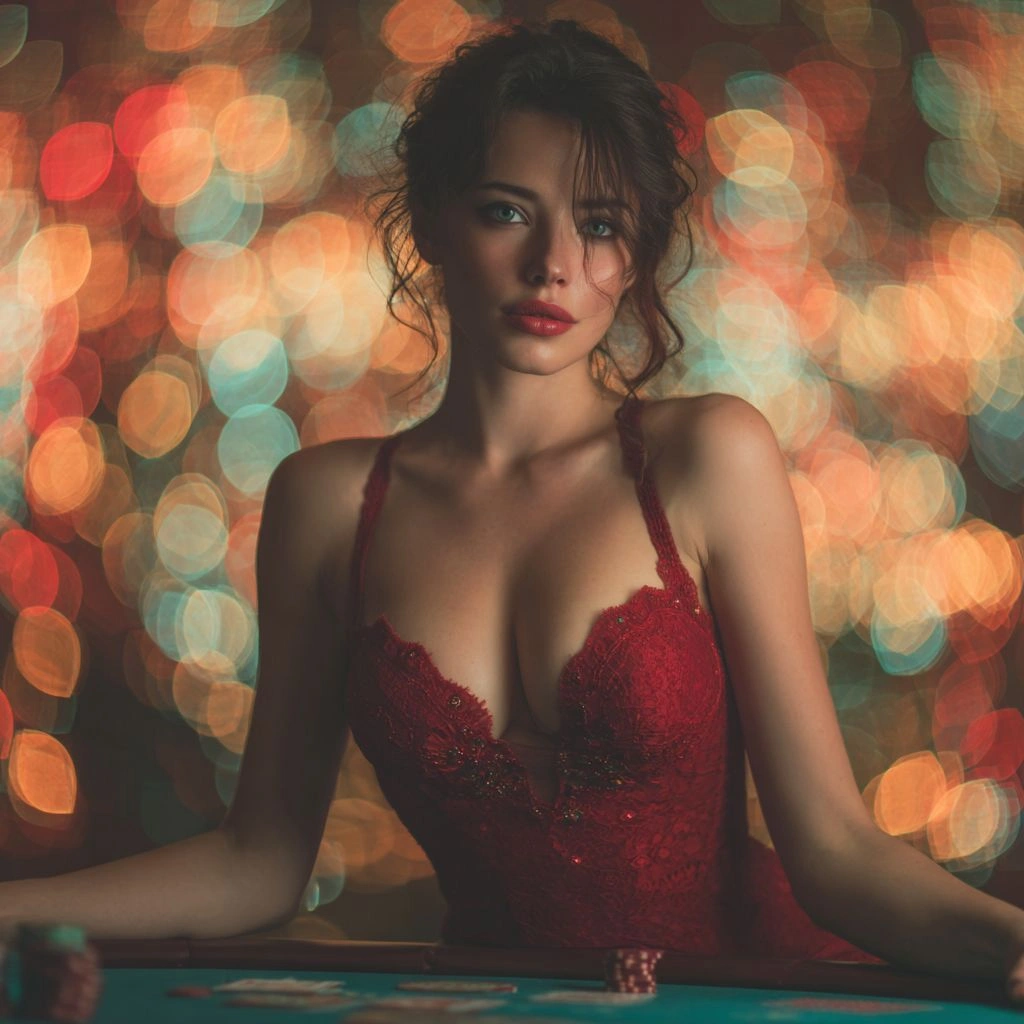 Female dealer in red dress at the live casino table at 5Z777 online casino.