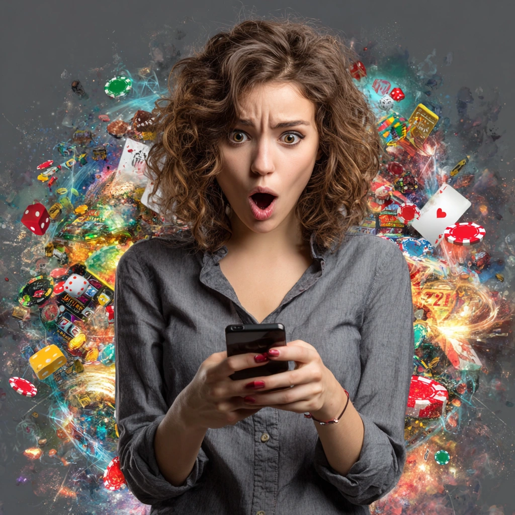 Surprised woman holding phone after registering at 5Z777 online casino.